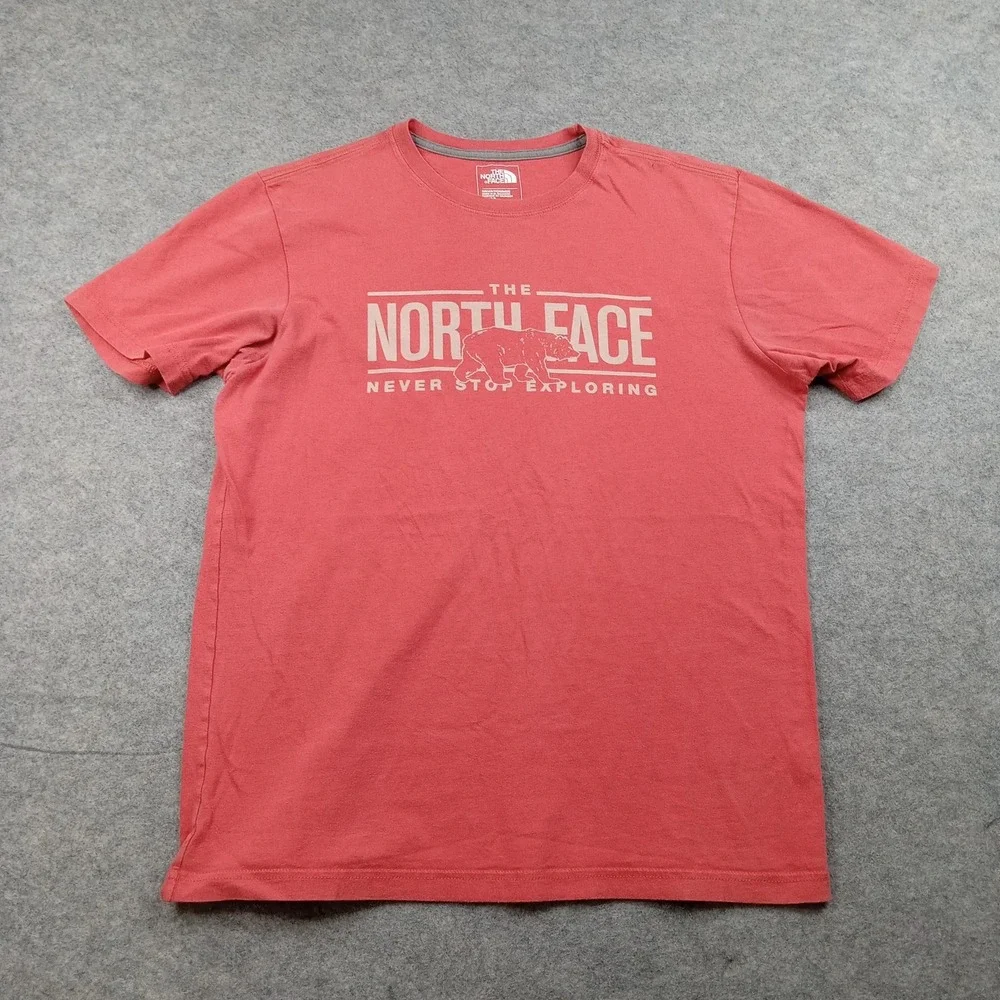 North Face Shirt Mens Medium Red Never Stop Exploring Bear‎ Graphic Tagless Tee